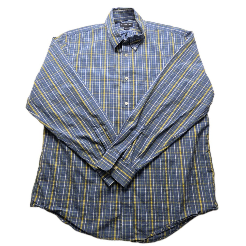 Lands' End Men's Large 16-16.5 Blue Yellow Plaid Long Sleeve Button Up Shirt